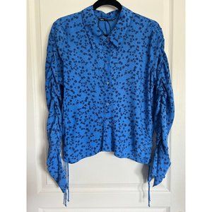 Zara XL Women's Floral Blue Ruched Button Up Blouse